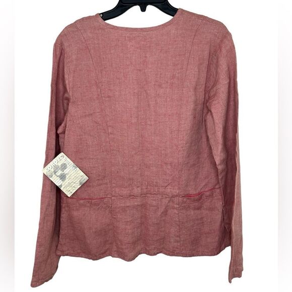 Flax Pink/Red Long Sleeve 100% Linen Lagenlook Button Front Shirt Small - Picture 2 of 9